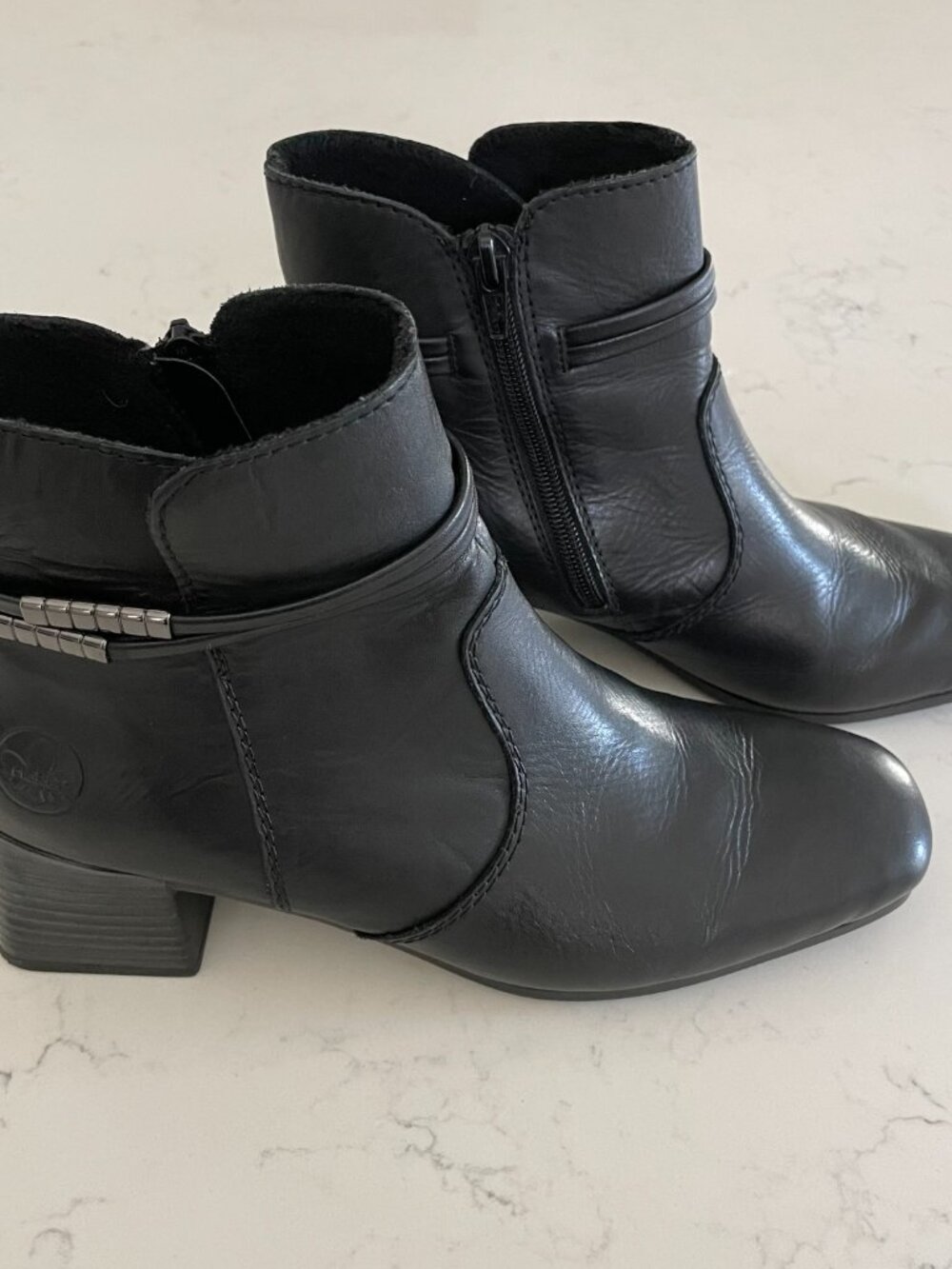 Rieker Block Heel Square Toe Leather Booties w Metal Hardware Detail Black Sz 38 - Picture 13 of 14